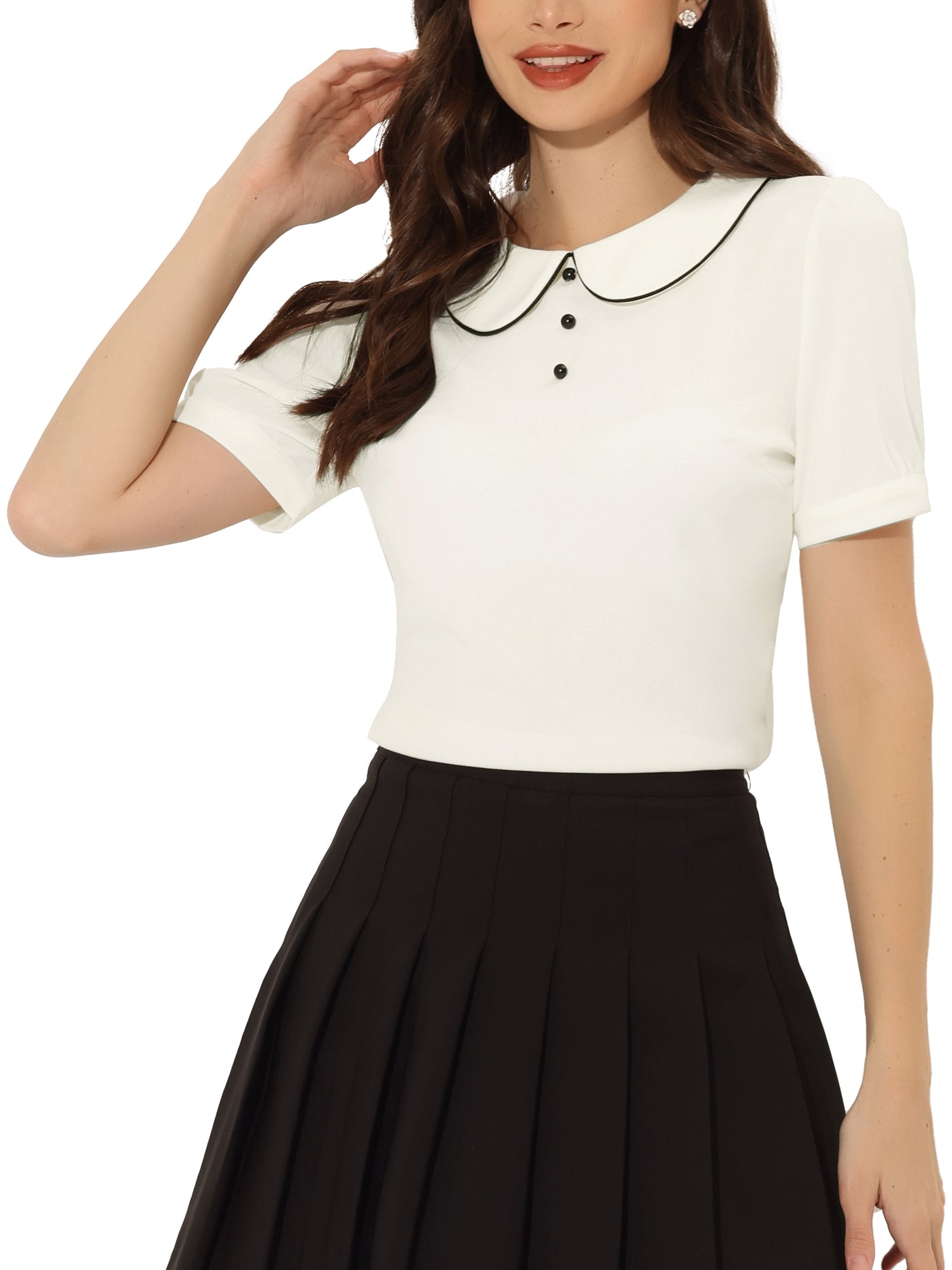 Allegra K Peter Pan Collar Contrast Trim Puff Short Sleeve Summer Blouse Top