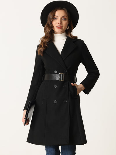 Allegra K Lapel Collar Winter Belted Double Breasted Long Coat