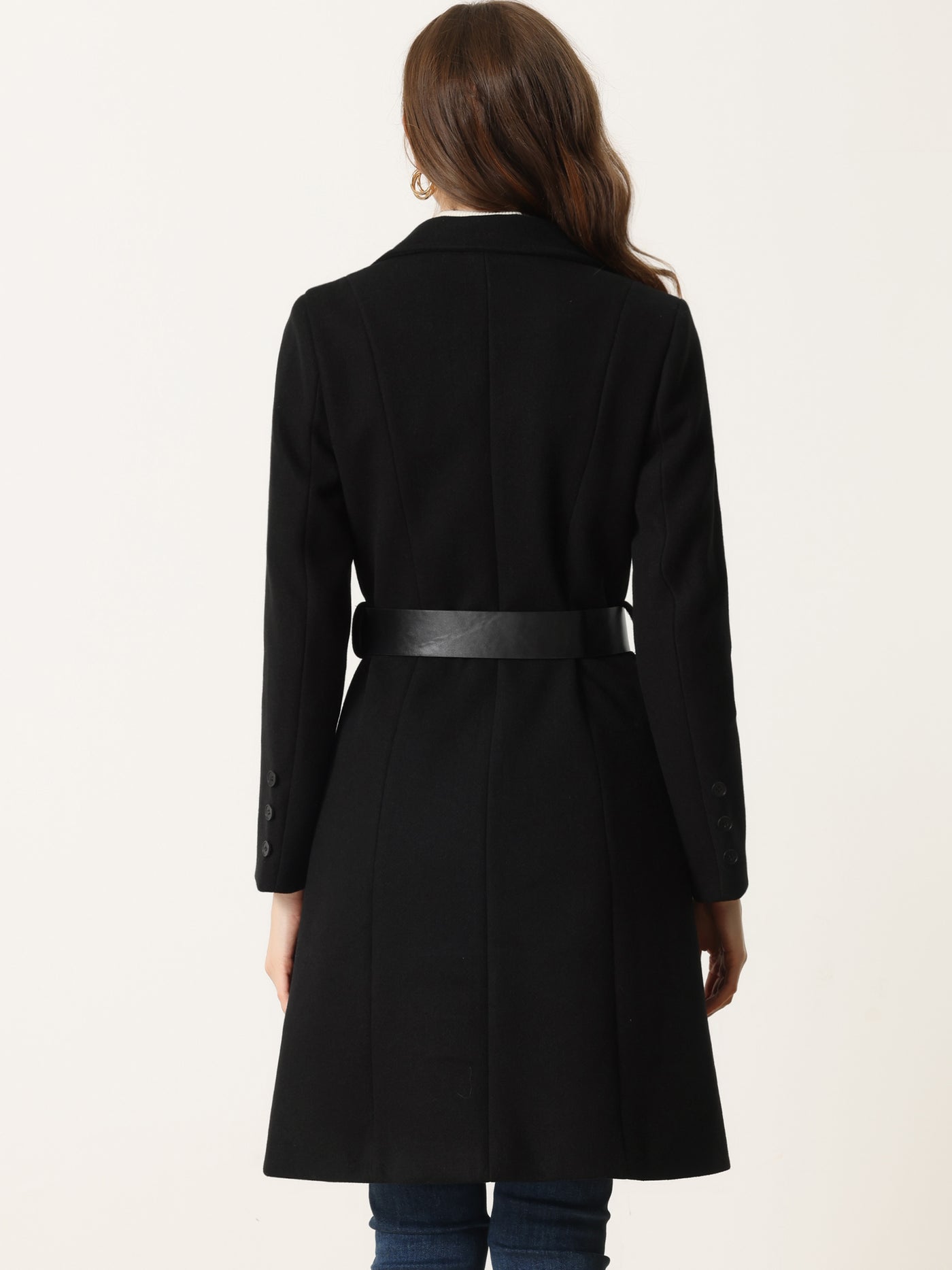 Allegra K Lapel Collar Winter Belted Double Breasted Long Coat