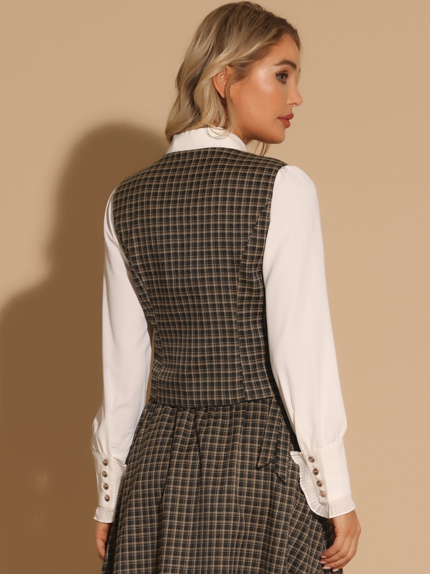 Allegra K Retro Plaid V Neck Single Breasted Sleeveless Racerback Waistcoat