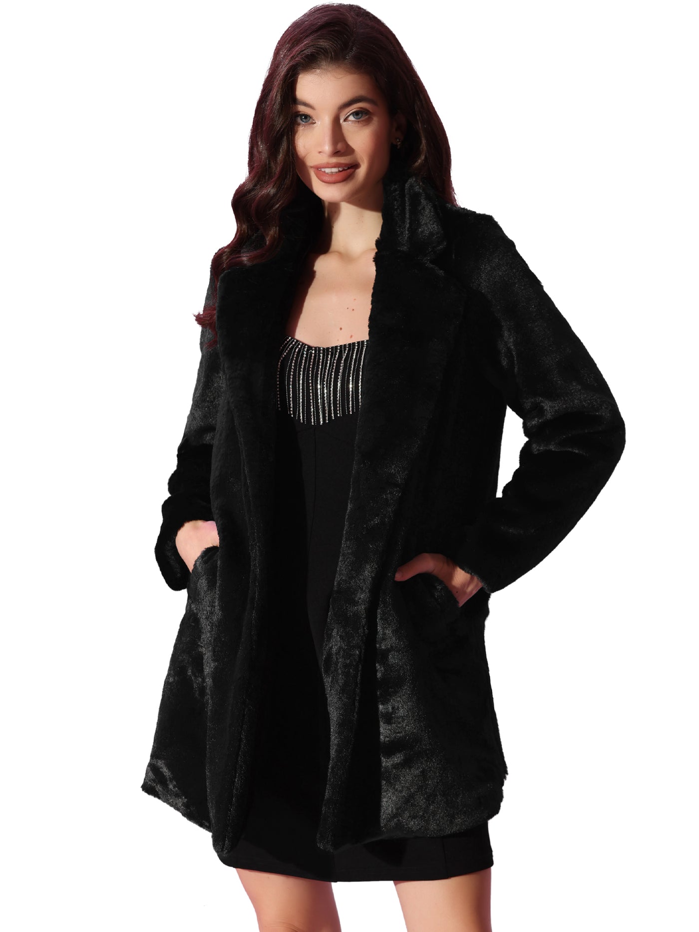 Allegra K Lapel Collar Faux Fur Fuzzy Winter Warm Pockets Coat Jacket