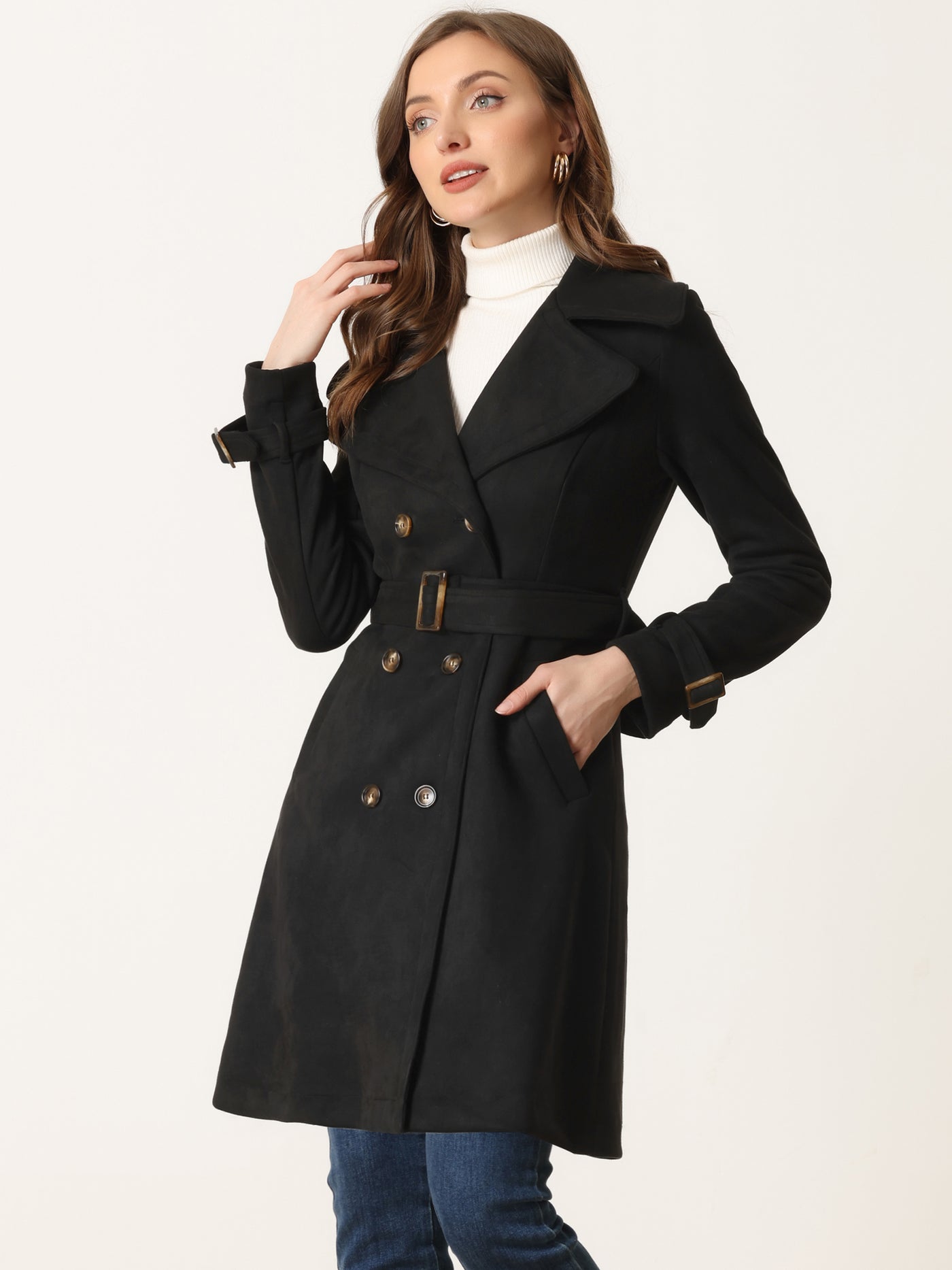 Allegra K Faux Suede Notched Cuff Solid Double Breasted Tie Belt Trench Coat