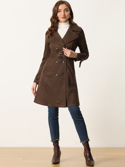 Faux Suede Notched Cuff Solid Double Breasted Tie Belt Trench Coat