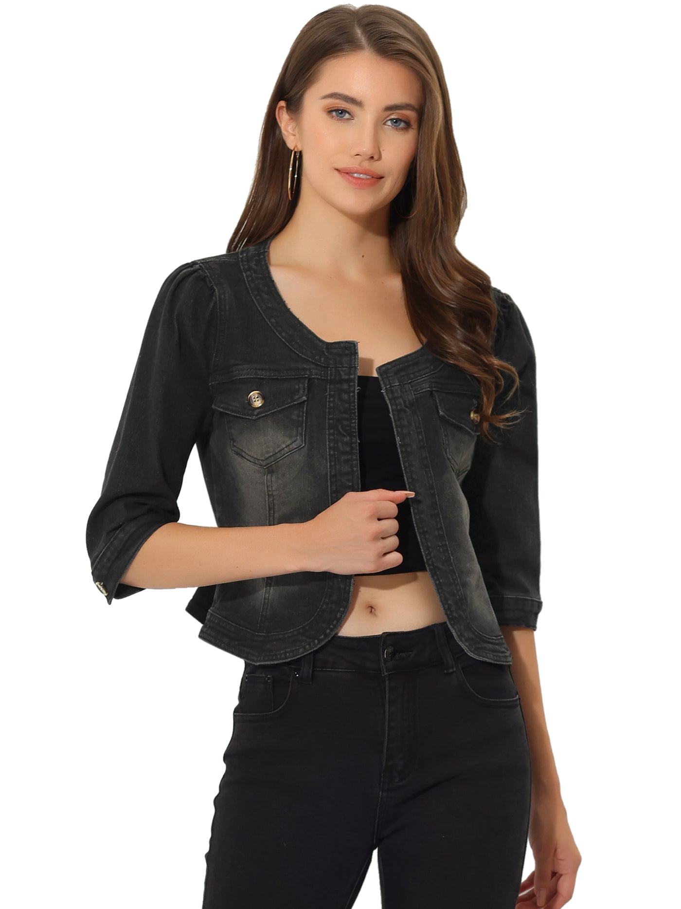 Allegra K Denim Collarless Pockets 3/4 Sleeve Feminine Style Jacket