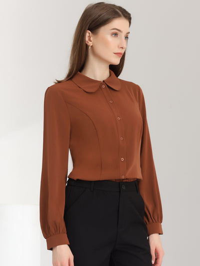 Button Up Peter Pan Collar Long Bishop Sleeve Blouse