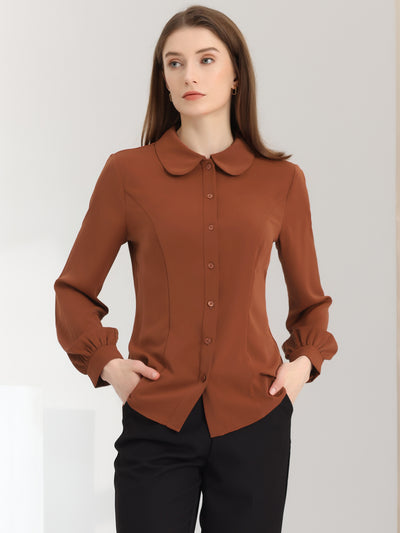 Button Up Peter Pan Collar Long Bishop Sleeve Blouse