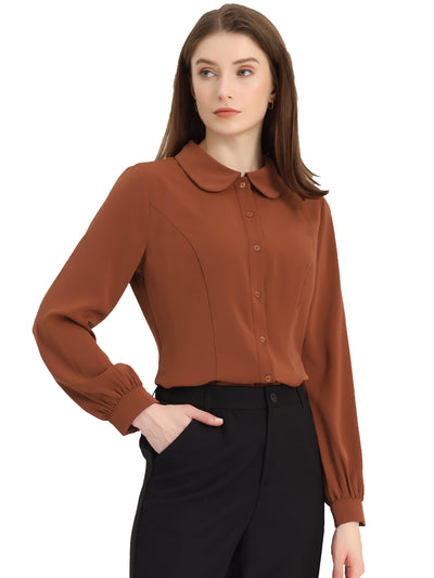 Button Up Peter Pan Collar Long Bishop Sleeve Blouse