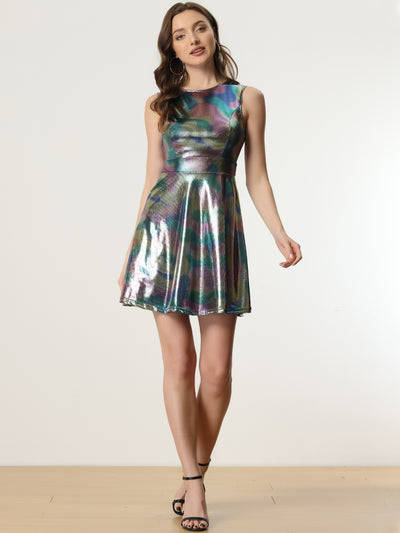 Sleeveless Metallic A-Line Club Party Holographic Mini Dress