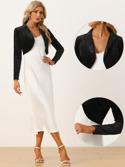 Long Sleeve Lapel Collar Velvet Open Front Cropped Shrug Top