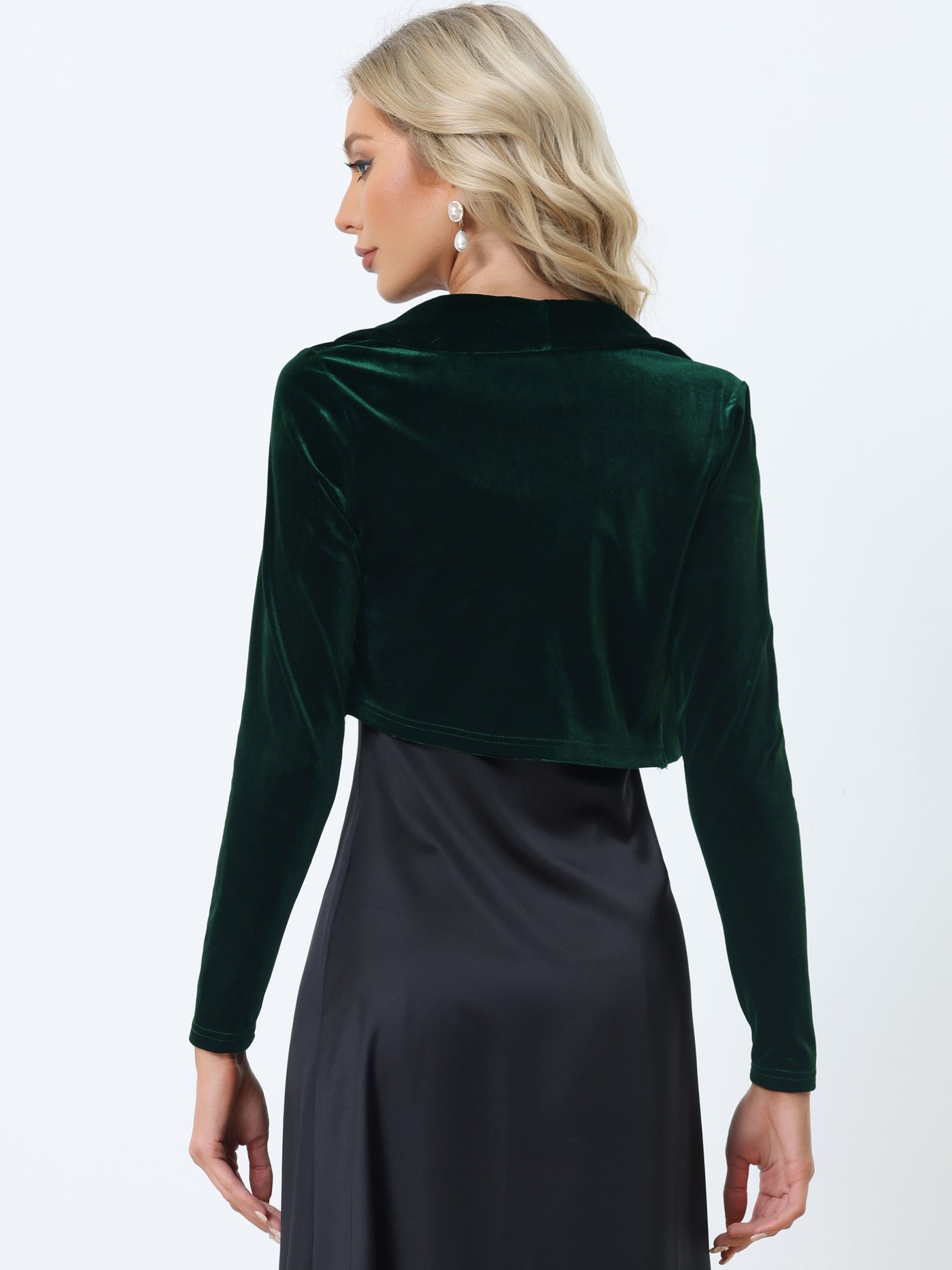 Allegra K Long Sleeve Lapel Collar Velvet Open Front Cropped Shrug Top