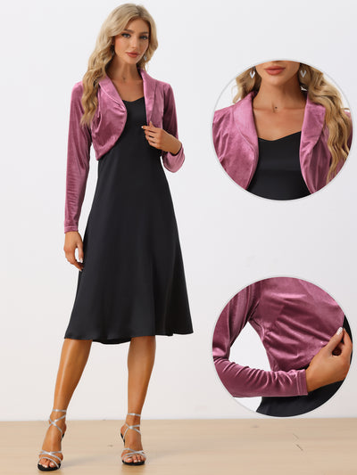 Long Sleeve Lapel Collar Velvet Open Front Cropped Shrug Top