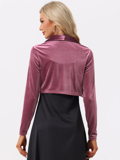 Long Sleeve Lapel Collar Velvet Open Front Cropped Shrug Top