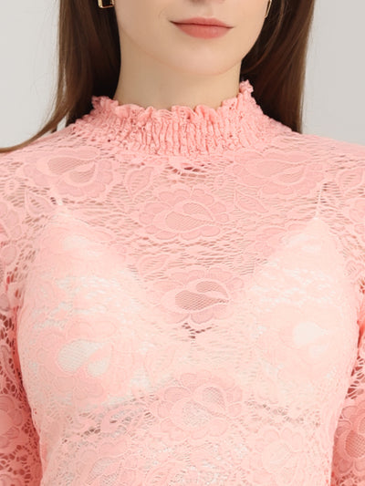 See Through Stretch Tops Smocked High Neck Long Sleeve Lace Blouse