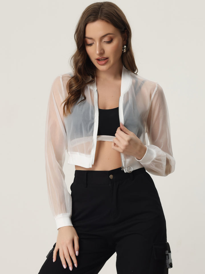 Bomber Long Sleeve Crop Mesh Sheer Zip Up Jackets | Allegra K