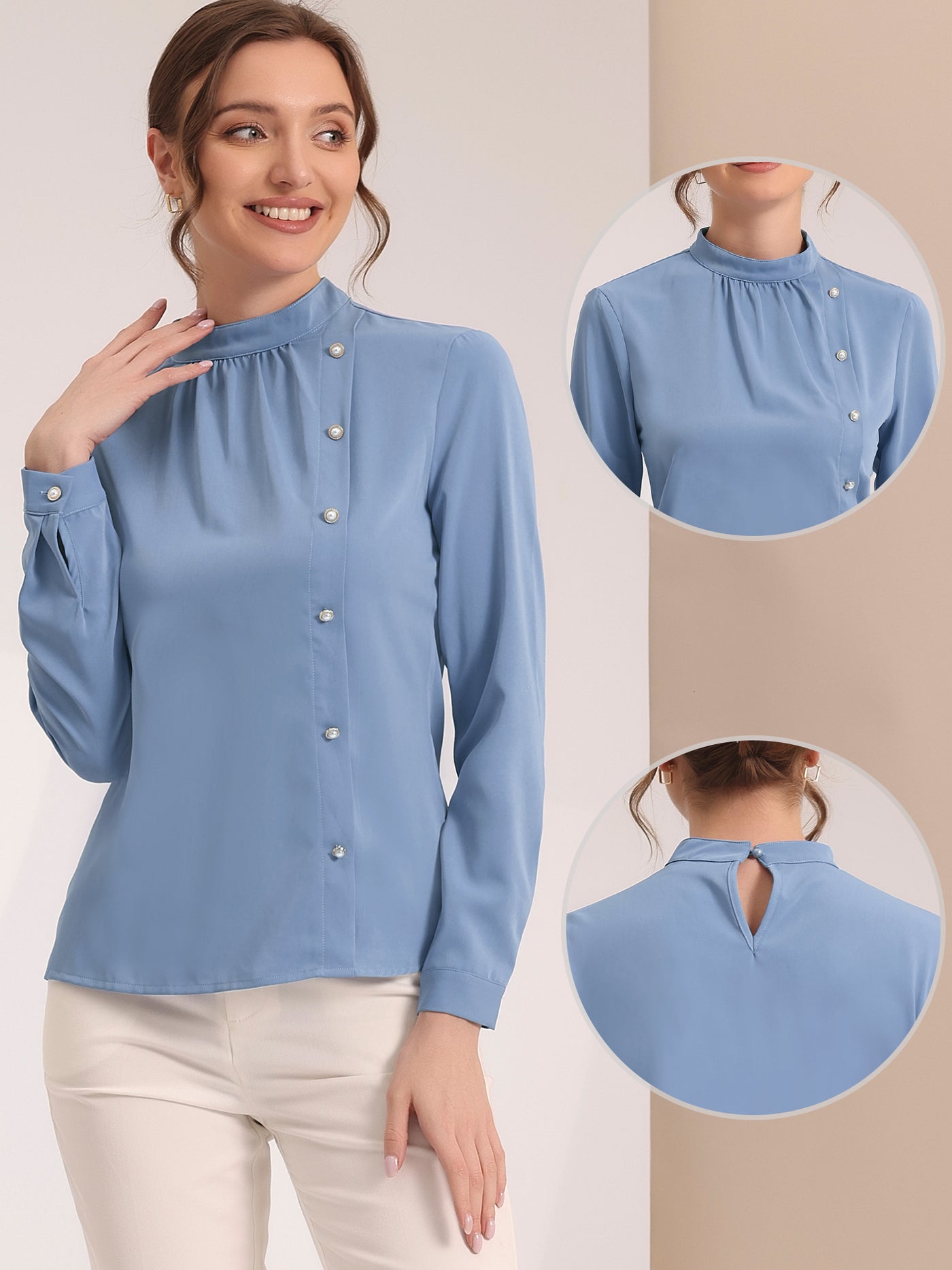 Allegra K Office Shirt Elegant Stand Collar Long Sleeve Vintage Blouse