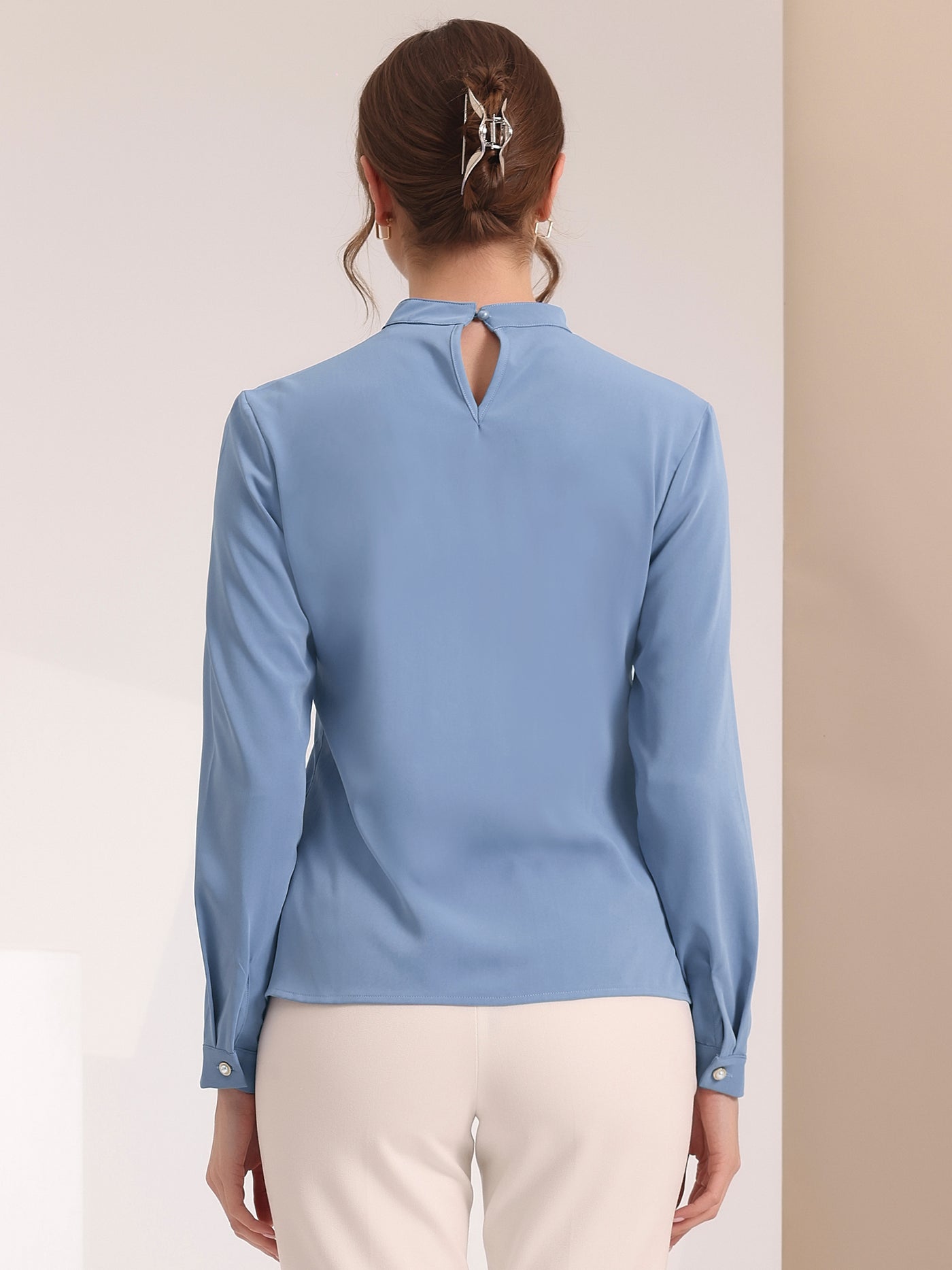 Allegra K Office Shirt Elegant Stand Collar Long Sleeve Vintage Blouse