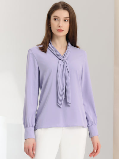 Long Sleeve Blouse Chiffon Pleated Tie Neck Office Top Shirt