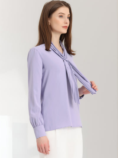 Long Sleeve Blouse Chiffon Pleated Tie Neck Office Top Shirt