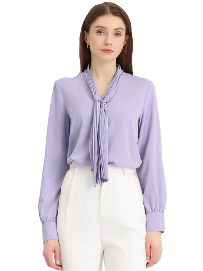 Long Sleeve Blouse Chiffon Pleated Tie Neck Office Top Shirt