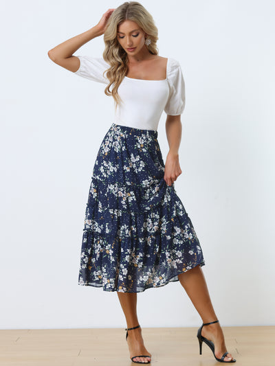 Chiffon Floral Printed Long Tiered Ruffle Boho Midi Skirt