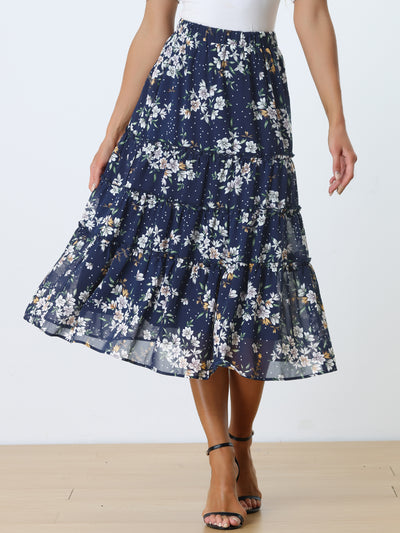 Chiffon Floral Printed Long Tiered Ruffle Boho Midi Skirt