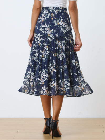 Chiffon Floral Printed Long Tiered Ruffle Boho Midi Skirt