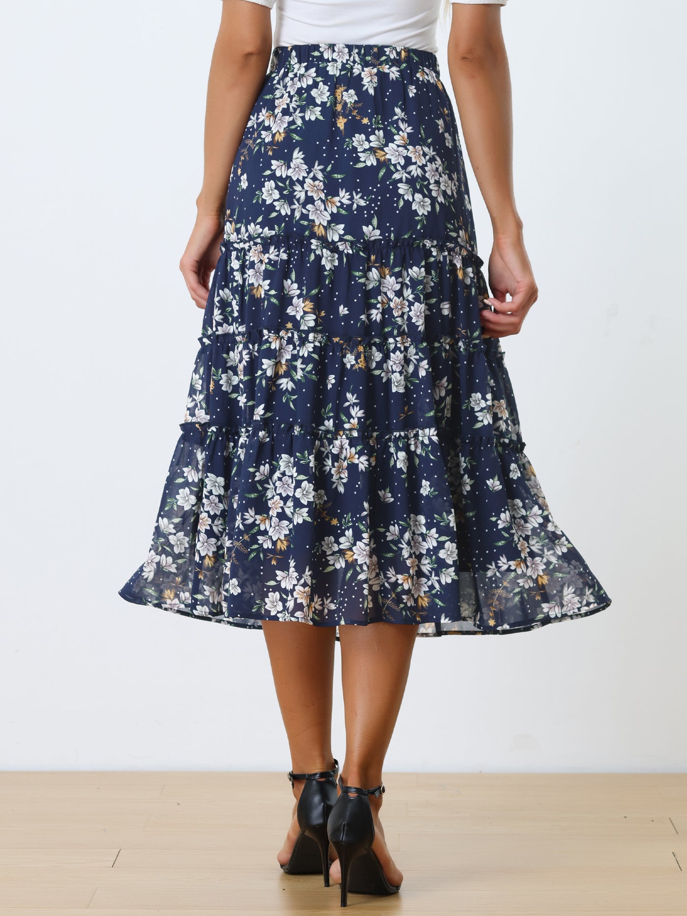 Allegra K Chiffon Floral Printed Long Tiered Ruffle Boho Midi Skirt