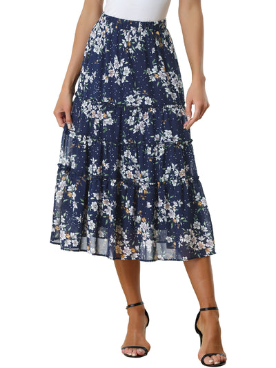 Chiffon Floral Printed Long Tiered Ruffle Boho Midi Skirt