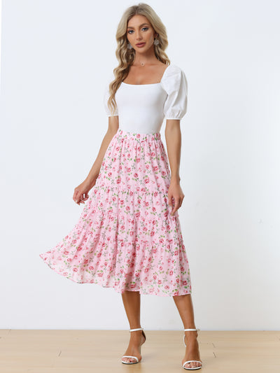 Allegra K Ruffle Boho Chiffon Floral Printed Long Tiered Midi Skirt