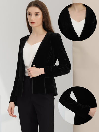 Allegra K Long Sleeve Office Collarless 1 Button Velvet Blazer