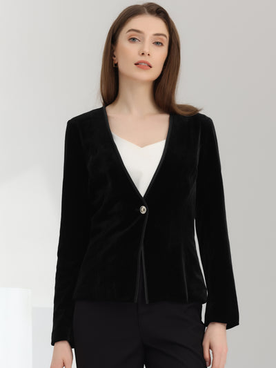 Long Sleeve Office Collarless 1 Button Velvet Blazer