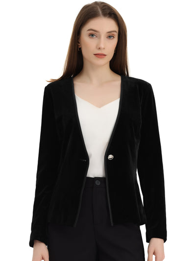 Long Sleeve Office Collarless 1 Button Velvet Blazer