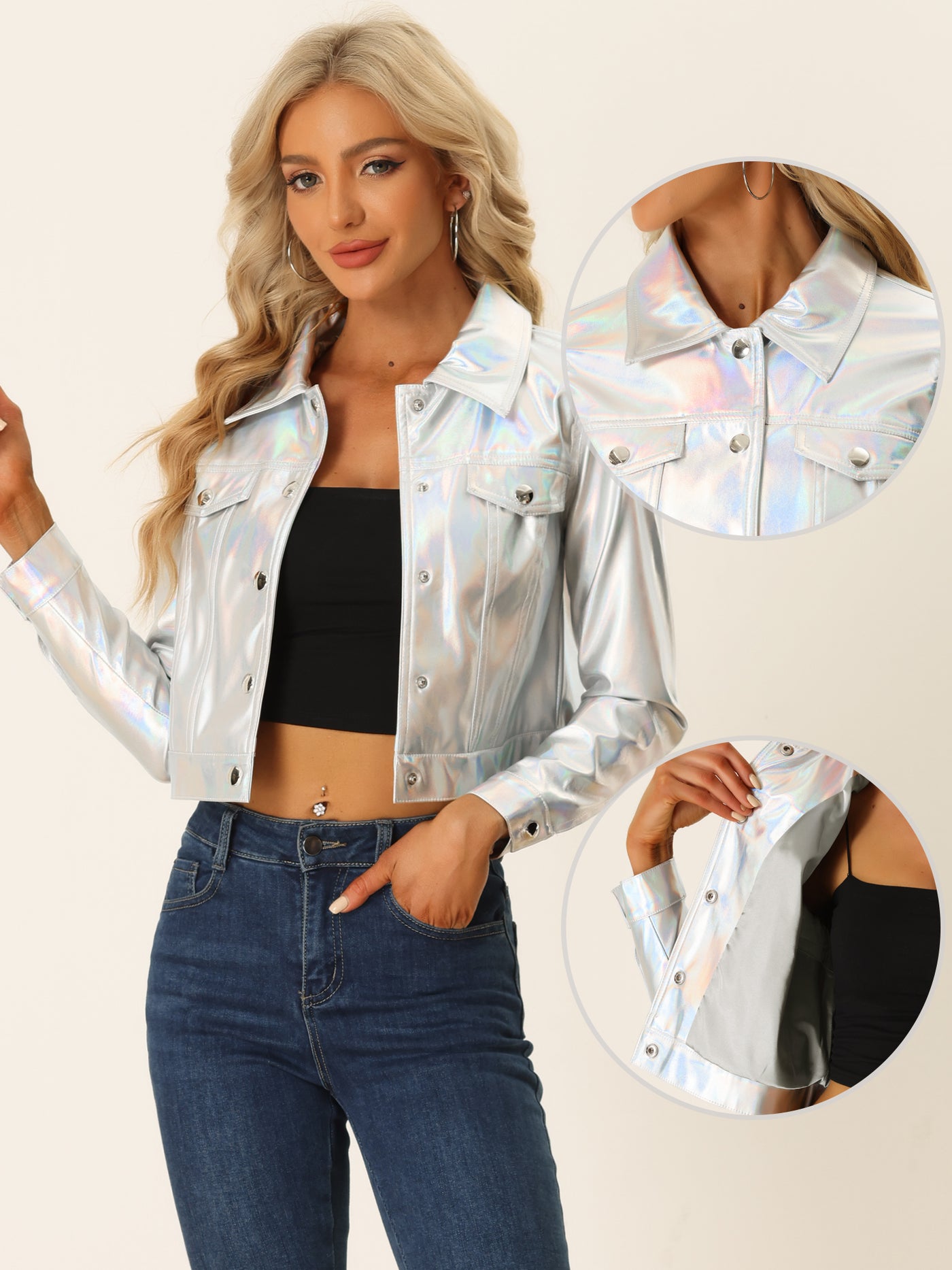 Allegra K Metallic Biker Holographic Button Down Shiny Jacket