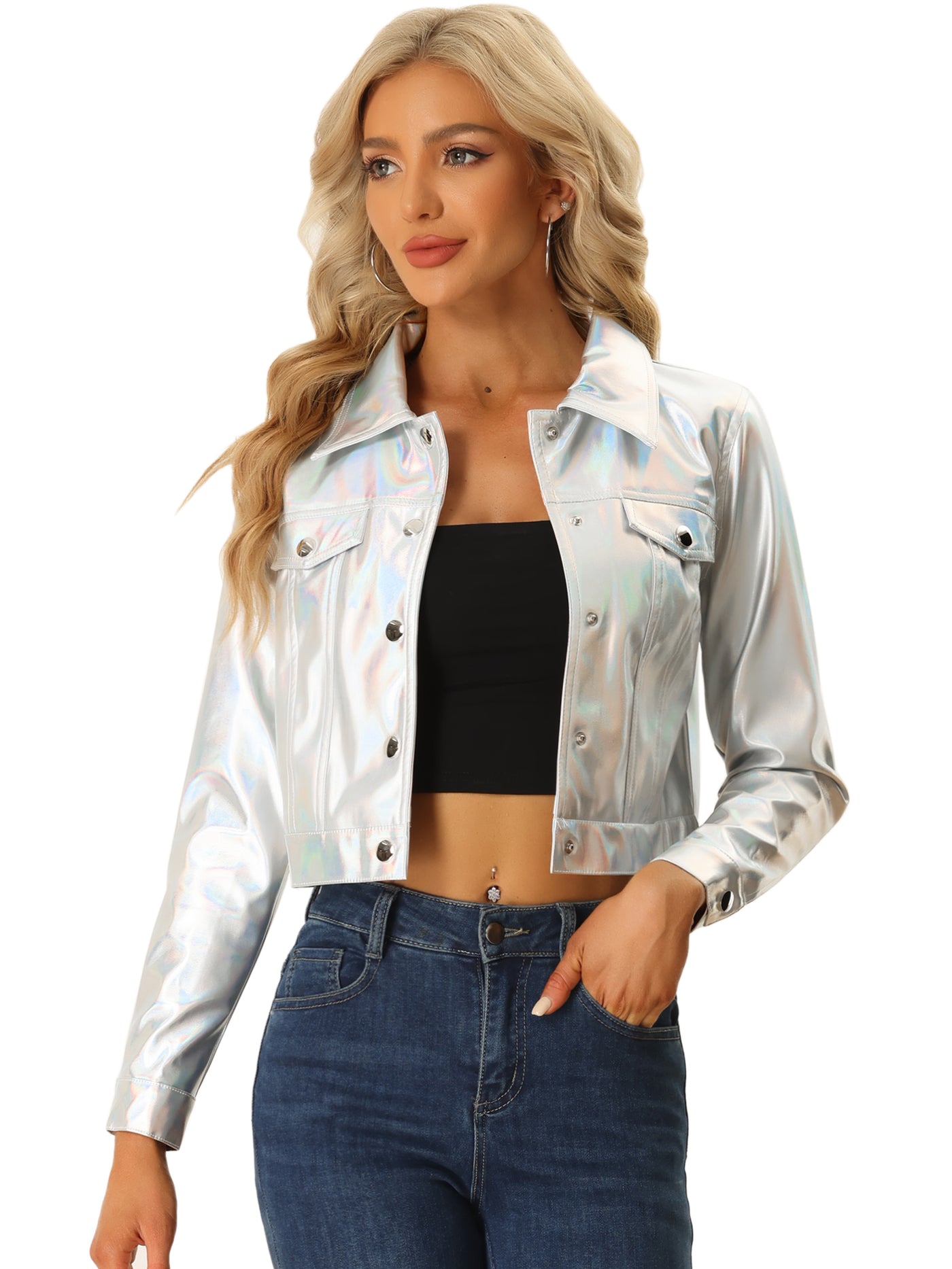 Allegra K Metallic Biker Holographic Button Down Shiny Jacket