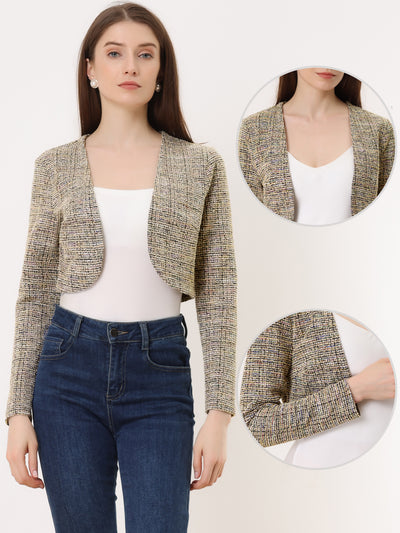 Vintage Tweed Shrug Plaid Open Front Cropped Bolero Cardigan