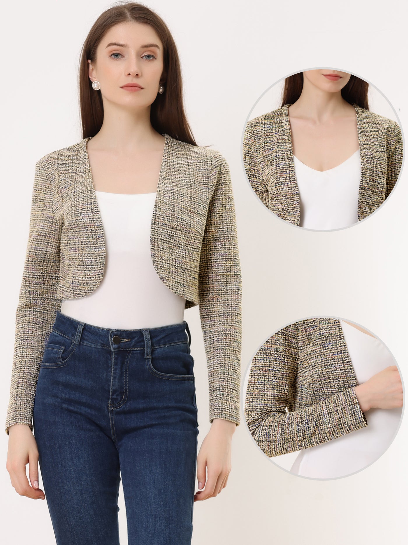 Allegra K Vintage Tweed Shrug Plaid Open Front Cropped Bolero Cardigan