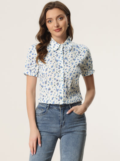 Allegra K Floral Printed Peter Pan Collar Cotton Short Sleeve Shirt