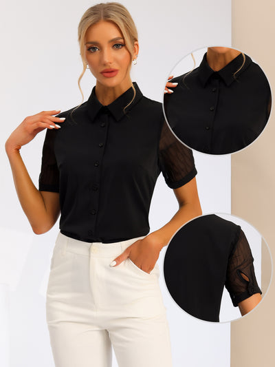 Button Down Shirt Sheer Short Sleeve Point Collar Work Tops