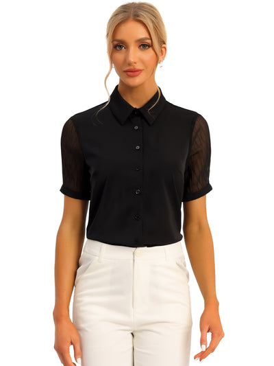 Button Down Shirt Sheer Short Sleeve Point Collar Work Tops