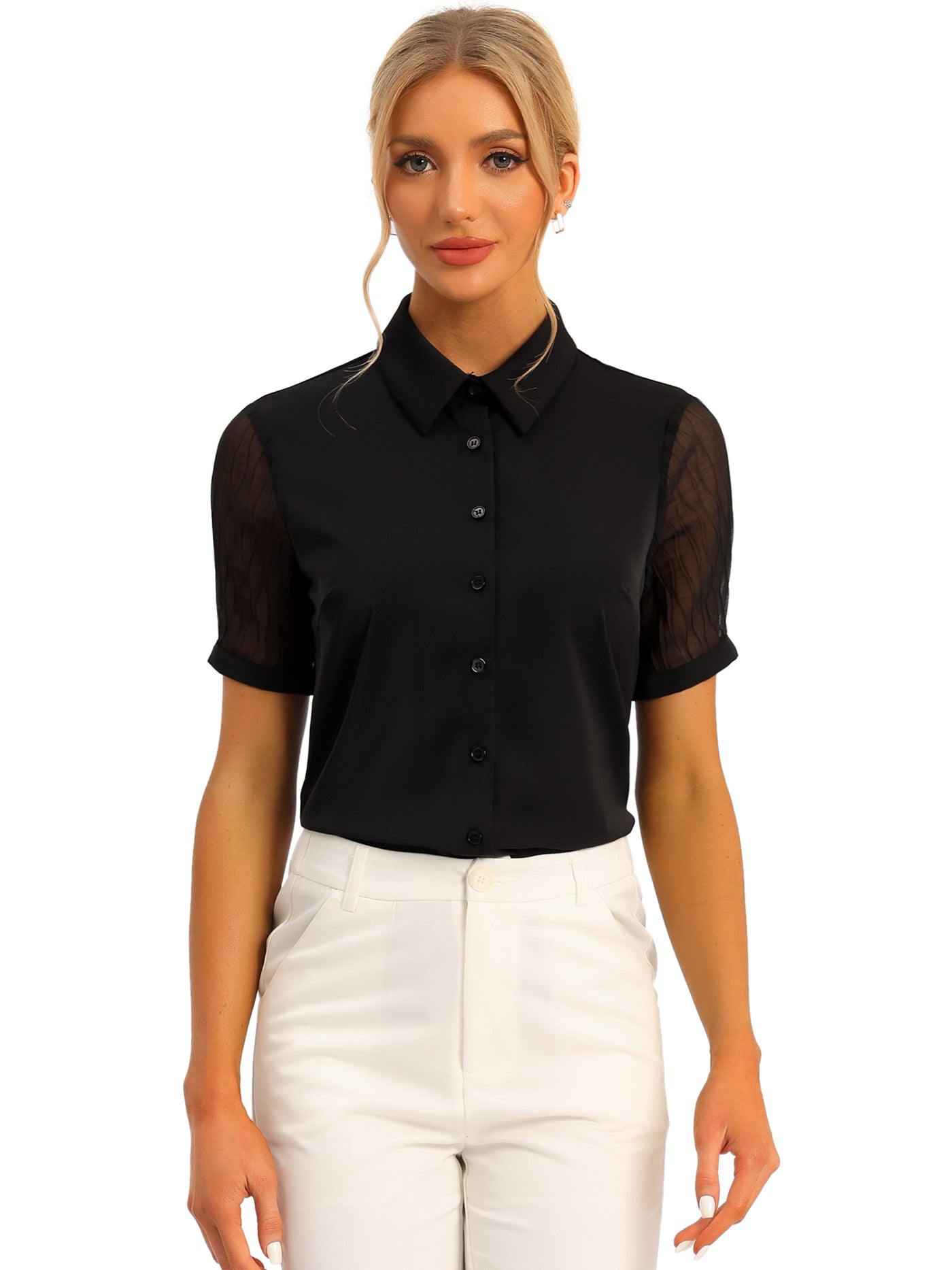 Allegra K Button Down Shirt Sheer Short Sleeve Point Collar Work Tops