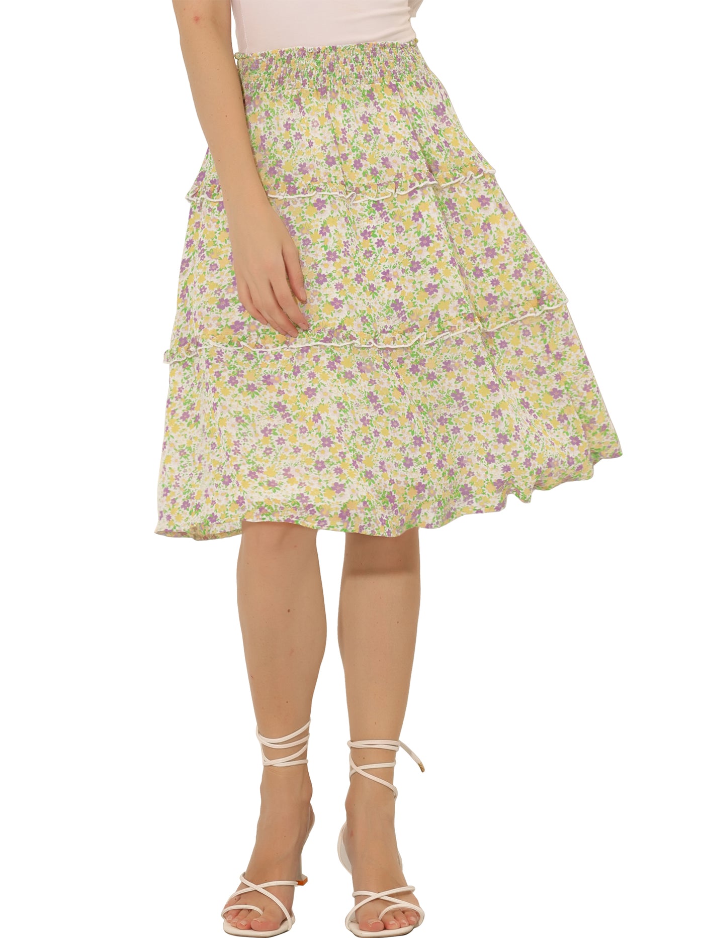 Allegra K Floral Smocked Elastic Waist Knee Length Ruffle Tiered Skirt