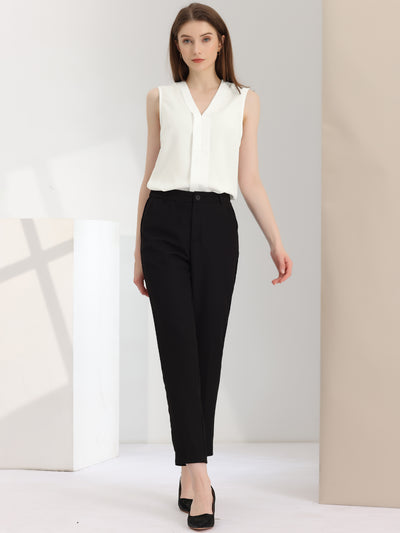 Elegant V Neck Pleated Solid Work Sleeveless Blouse