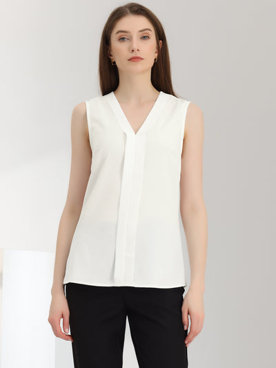 Elegant V Neck Pleated Solid Work Sleeveless Blouse