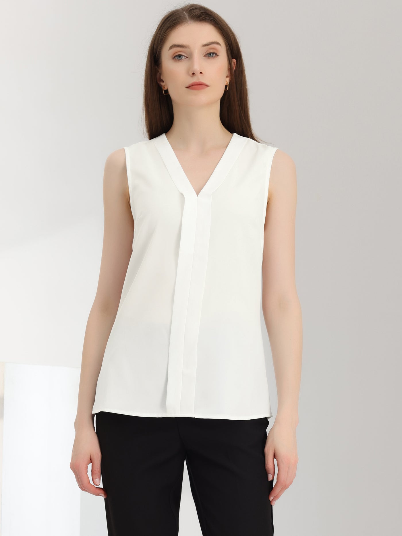 Allegra K Elegant V Neck Pleated Solid Work Sleeveless Blouse