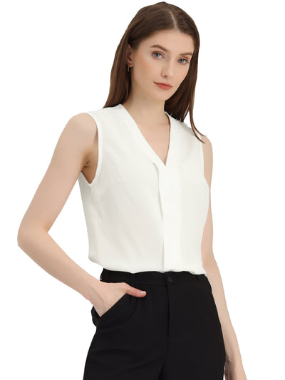 Elegant V Neck Pleated Solid Work Sleeveless Blouse