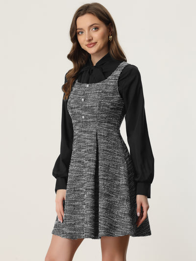 Tweed Sleeveless Square Neck Plaid Fit and Flare Dress