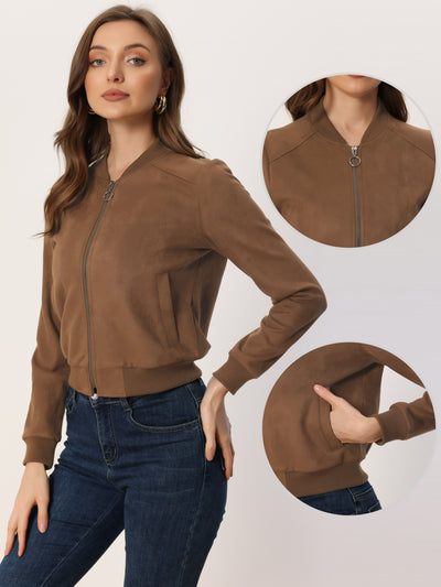 Faux Suede Crop Stand Collar Zip Up Biker Moto Bomber Jackets