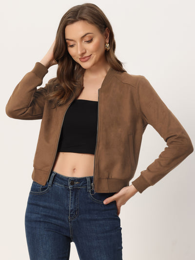 Allegra K Faux Suede Crop Stand Collar Zip Up Biker Moto Bomber Jackets