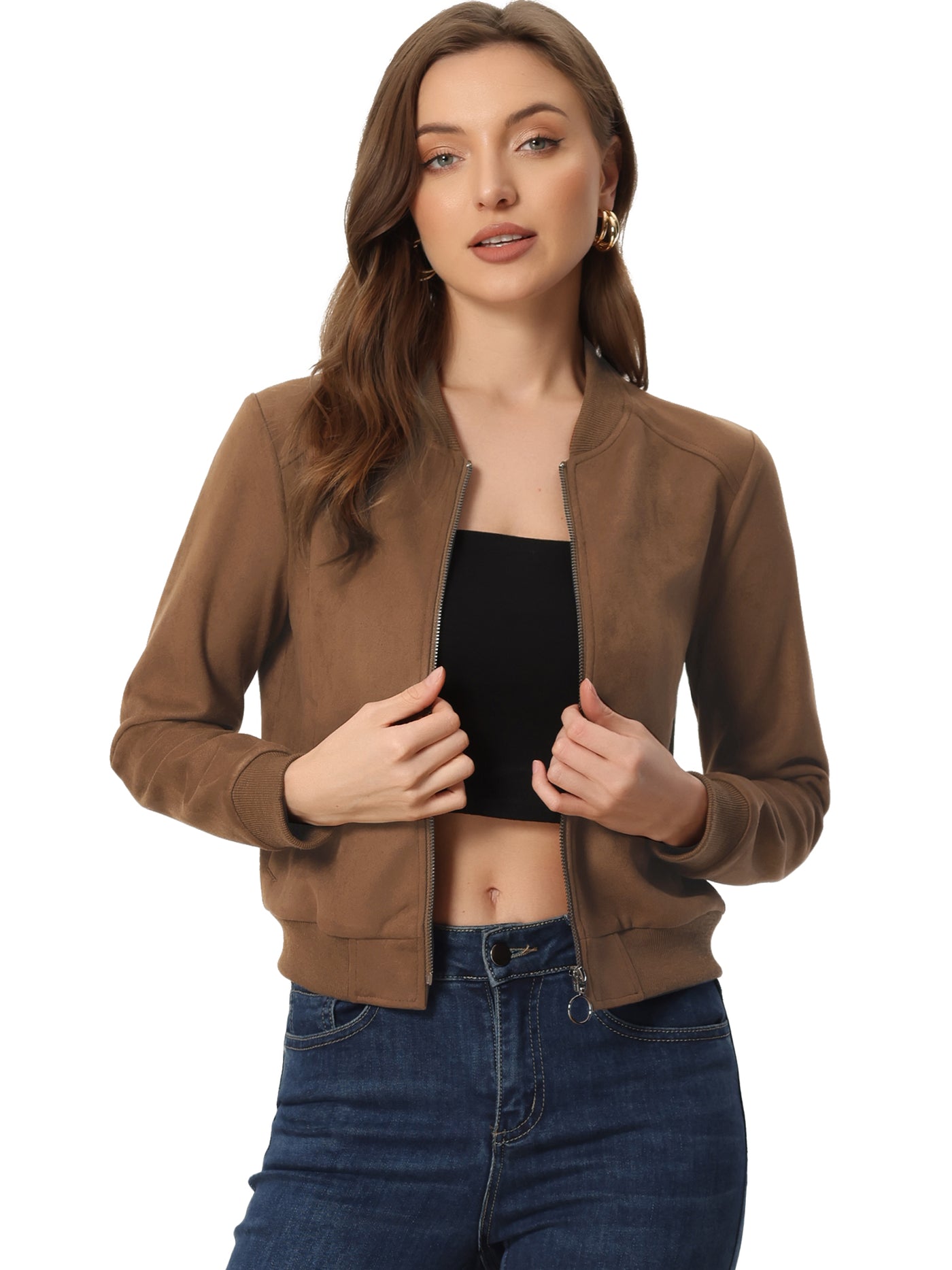 Allegra K Faux Suede Crop Stand Collar Zip Up Biker Moto Bomber Jackets