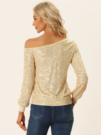 Off Shoulder Sequins Tops Disco Party Sparkly Glitter Top